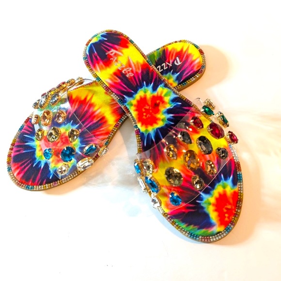 * Pazzle Colorful Tie Dye Rhinestone Trim Flat Sandals - Picture 7 of 8